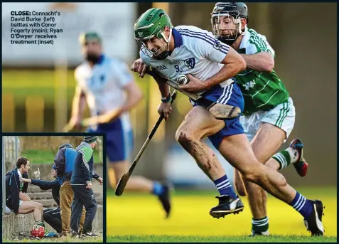  ??  ?? CLOSE: Connacht’s David Burke (left) battles with Conor Fogerty (main); Ryan O’Dwyer receives treatment (inset)