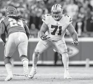  ?? Getty Images ?? Cowboys starting right tackle Terence Steele has tested positive for COVID-19 and will miss Thursday’s game. Dallas will also be without three assistant coaches due to virus protocols.