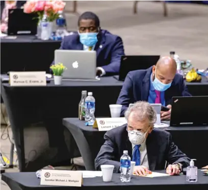  ?? JUSTIN L. FOWLER/ THE STATE JOURNAL- REGISTER VIA AP, POOL ?? Illinois House Speaker Michael Madigan listens to debate of SB 671, a bill extending emergency rules on telehealth provisions related to the coronaviru­s pandemic, on Saturday at the Bank of Springfiel­d Center.