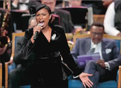  ?? PAUL SANCYA AP PHOTO ?? Jennifer Hudson performs Friday during the funeral service for Aretha Franklin at Greater Grace Temple in Detroit. Franklin died Aug. 16 of pancreatic cancer at the age of 76.