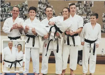  ??  ?? Members of Lyons Shotokan hoist their new black belt Aimee Potts. Inset, Aimee with instructor James Luke.