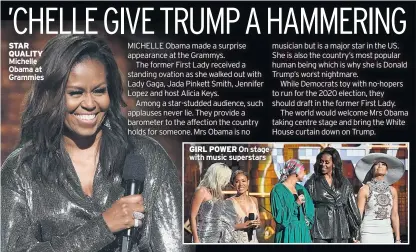  ??  ?? STAR QUALITY Michelle Obama at Grammies GIRL POWEROn stage with music superstars