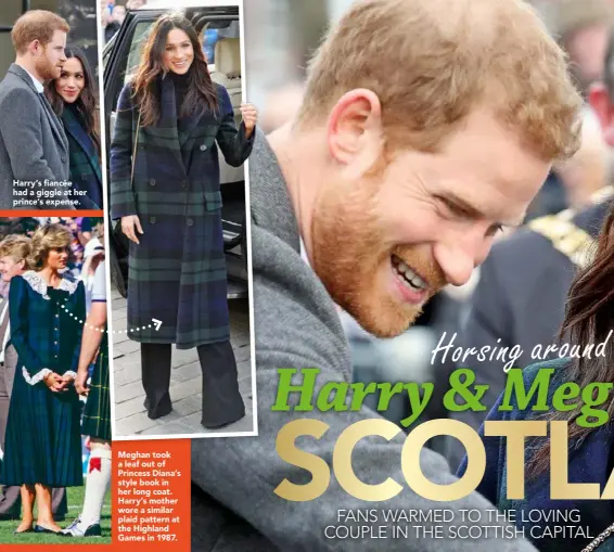  ??  ?? Meghan took a leaf out of Princess Diana’s style book in her long coat. Harry’s mother wore a similar plaid pattern at the Highland Games in 1987.
