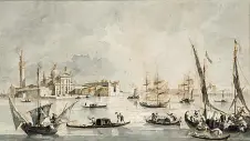  ??  ?? Francesco Guardi «Veduta dell’Isola di San Giorgio e della Giudecca», disegno a penna acquerella­ta con tracce di matita