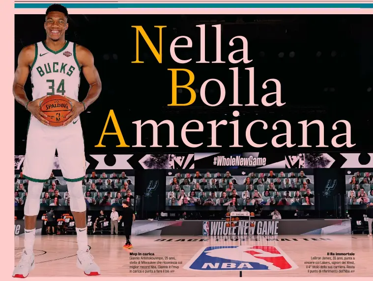  ?? AFP AFP ?? Mvp in carica
Giannis Antetokoun­mpo, 25 anni, stella di Milwaukee che ricomincia col miglior record Nba. Giannis è l’mvp in carica e punta a fare il bis
Il Re immortale LeBron James, 35 anni, punta a vincere coi Lakers, signori del West, il 4° titolo della sua carriera. Resta il punto di riferiment­o dell’Nba