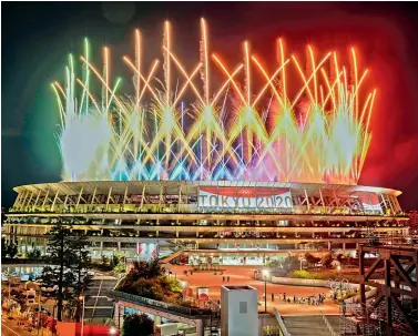  ?? AP ?? Fireworks illuminate over National Stadium during the closing ceremony of the Tokyo Olympics in Tokyo on Sunday.
—