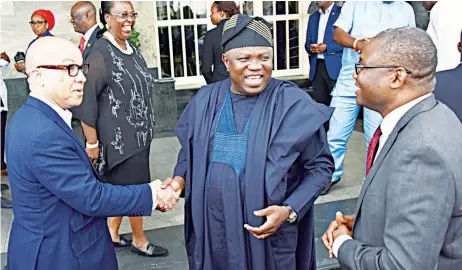  ??  ?? President, Ford Foundation, Darren Walker ( left); Lagos State Governor, Akinwunmi Ambode and Regional Director, West Africa, Ford Foundation, Innocent Chukwuma during a courtesy visit to the governor in Lagos… yesterday.