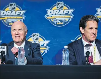  ?? ERNEST DOROSZUK/FILES ?? Maple Leafs GM Lou Lamoriello, left, and team president Brendan Shanahan were part of a young New Jersey Devils club that made a wild ride to within one game of the Stanley Cup final in 1988.