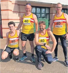  ?? ?? Team work Law’s Finn and Mark Milligan, Martin Kay and John O’leary took part in the National Road Relays in Livingston