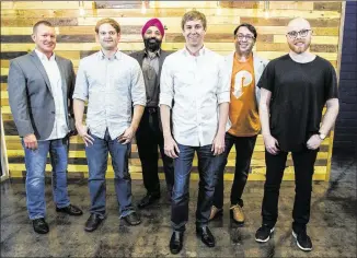 ?? ASHLEY LANDIS / DALLAS MORNING NEWS ?? From left: Nathan Smith, CEO of RVspotfind­er; Stewart Youngblood of Hangar Ventures; Jagmit Singh, CEO of GingerCube; Jason Story; George Baker, founder of ParkHub; and Matt Alexander, founder of Need. Story advises startups and has invested in Need,...