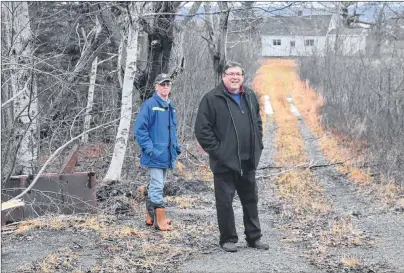  ?? DAVID JALA/CAPE BRETON POST ?? Big Pond Centre residents Roy MacInnis, left, and Mike Britten, stand at the driveway they believe would be the main entrance of an RV park and campground proposed for the area. Both men oppose the developmen­t, arguing that it will destroy their rural...