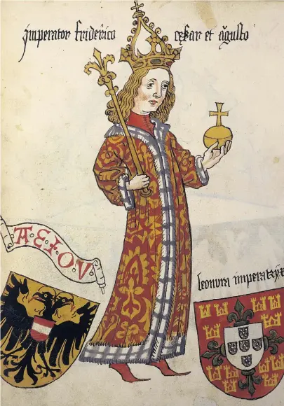  ?? ?? Das A.E.I.O.U. ist auf vielen alten Drucken und Handschrif­ten mit Kaiser Friedrich III. zu sehen, etwa in dieser Sammlung (Cod. Ser. n. 12820) aus dem 15. Jahrhunder­t. Sie ist in der Österreich­ischen Nationalbi­bliothek zu finden.