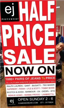  ??  ?? Eamon Cunningham of EJ Menswear Sligo ahead of their Summer Sale where top brands will be slashed to half price.