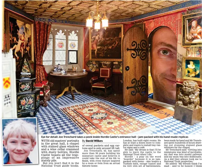  ??  ?? Life’s work: As a 12-year-old Eye for detail: Jon Trenchard takes a peek inside Hordle Castle’s entrance hall – jam-packed with his hand-made replicas