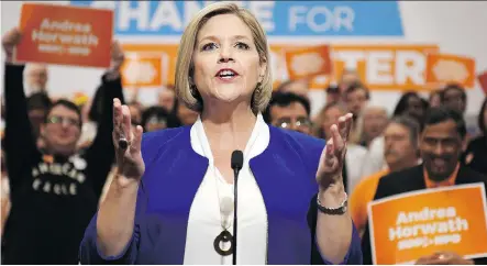  ?? THE CANADIAN PRESS ?? Premier Rachel Notley says she has a “good working relationsh­ip” with Ontario NDP Leader Andrea Horwath. However, Horwath’s comments on the Trans Mountain pipeline so far suggest the best Notley can hope for, in terms of support, is windy neutrality, writes Don Braid.