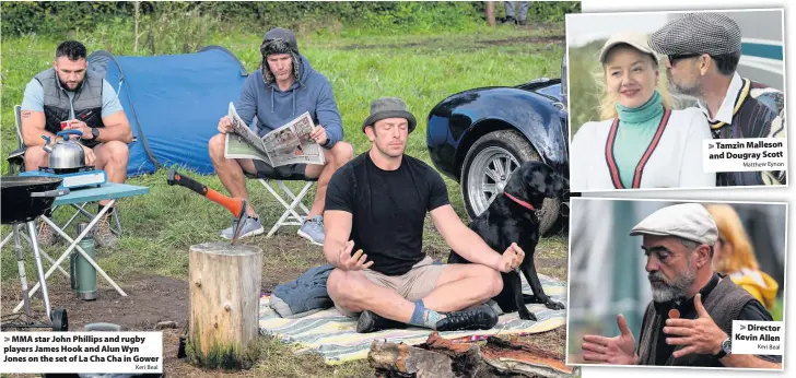  ?? Keri Beal Matthew Eynon Keri Beal ?? > MMA star John Phillips and rugby players James Hook and Alun Wyn Jones on the set of La Cha Cha in Gower
> Tamzin Malleson and Dougray Scott
> Director Kevin Allen