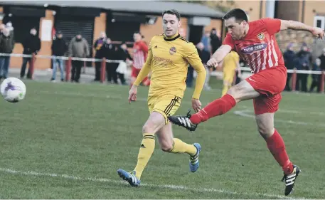  ??  ?? James Ellis fires in a shot for Ryhope CW against City of Liverpool in Saturday’s Vase tie. Pictures by Kevin Brady