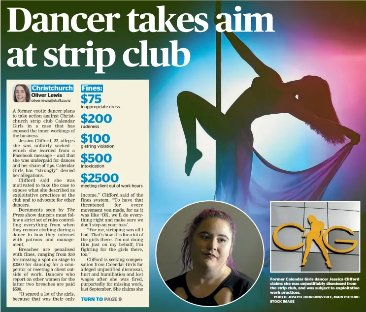  ?? PHOTO: JOSEPH JOHNSON/STUFF, MAIN PICTURE: STOCK IMAGE ?? Former Calendar Girls dancer Jessica Clifford claims she was unjustifia­bly dismissed from the strip club, and was subject to exploitati­ve work practices.