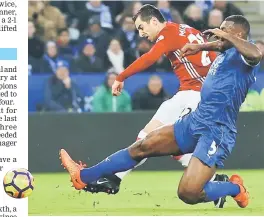  ??  ?? Manchester United’s Henrikh Mkhitaryan scores Premier League football match against Leicester in Leicester, central England. — Reuters photo the first goal during the English City at King Power Stadium