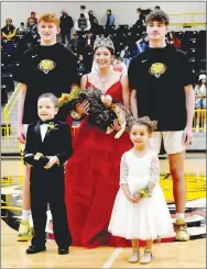  ?? PHOTOS BY MARK HUMPHREY ENTERPRISE-LEADER ?? Prairie Grove Colors Day queen Abby Preston, daughter of Darrian and Susan Preston, escorted by Cole Cash (left), son of Wade and Sheryl Cash, and Landon Semrad, son of Greg and Chrysi Semrad; and attendants, Brekken Watson (left), son of Tony and Heather Watson, and Ella Hardy, daughter of Jessica Hardy.