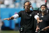  ?? NELL REDMOND — THE ASSOCIATED PRESS ?? New York Jets head coach Robert Saleh gestures during the first half of an NFL football game against the Carolina Panthers Sunday, Sept. 12, 2021, in Charlotte, N.C.