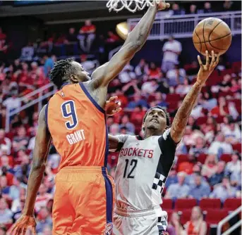  ?? Michael Wyke / Associated Press ?? Jerami Grant (9) and OKC had their hands full with the Rockets’ Lou Williams on Sunday. Williams had 31 points in 31 minutes, the 10th time this season he’s had at least a point per minute on the floor.