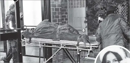  ?? ?? GRIM SCENE: The body of Nadia Vitel (oval) is wheeled from her East 31st Street apartment building last week.