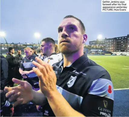  ??  ?? Gethin Jenkins says farewell after his final appearance yesterday PICTURE: Huw Evans