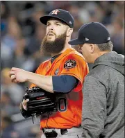  ?? AP/KATHY WILLENS ?? Houston Astros starter Dallas Keuchel (Arkansas Razorbacks) was pulled in the fifth inning of Wednesday’s game. Keuchel allowed 4 runs on 7 hits with 8 strikeouts.