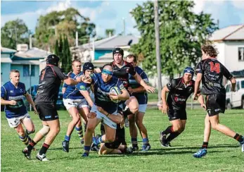  ?? PHOTO: ANGE STIRLING ?? OUT OF MY WAY: Dalby’s Broc Turner takes on the UQ Gatton defence during their first-round Risdon Cup match at John Ritter Oval.