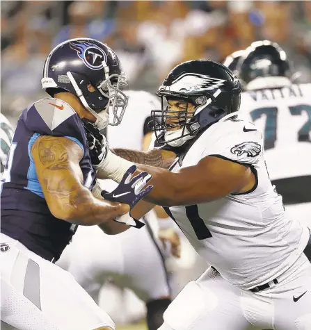  ?? MICHAEL PEREZ/AP ?? Andre Dillard, right, was involved in two fights on Monday at Eagles training camp.
