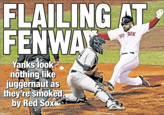  ?? N.Y. Post: Charles Wenzelberg ?? ONE THAT GOT AWAY: Catcher Gary Sanchez can’t handle the second-inning throw to the plate as Sandy Leon increases Boston’s lead to 3-0. Tyler Wade was charged with an error on the play.