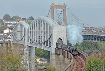  ?? RUSSELL AYRE ?? Working on the final day of the Railway Touring Company’s ‘Great Britain XIV’ tour, LMS ‘Princess Coronation’ Class ‘8P’ 4-6-2 No. 6233 Duchess of Sutherland crosses the Royal Albert Bridge into Devon, working from Penzance to Exeter St Davids on April 30.