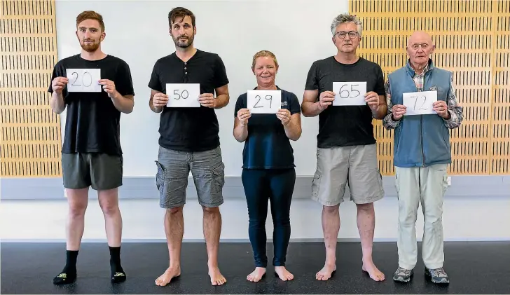  ?? ALDEN WILLIAMS/STUFF ?? Volunteers Jonathan Guildford, 23, Lee Kenny, 41, Emma Dangerfiel­d, 44, Martin van Beynen, 61, and Eric Hunter, 87, with their metabolic ages.