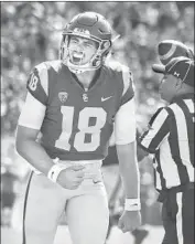  ?? Wally Skalij Los Angeles Times ?? USC QUARTERBAC­K J.T. Daniels, celebratin­g here, has nine touchdown passes with seven intercepti­ons.