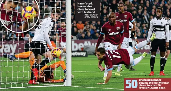  ?? CAMERASPOR­T/ GETTY IMAGES ?? Ham-fisted: Hernandez dives to level with his hand