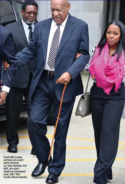  ?? L E N A H C T N U O M A R P P/ A/ S W E N E V LI Y M A L s: e r u t c i P ?? Frail: Bill Cosby arrives at court with former co-star Keshia. Far left, accuser Andrea Constand and, left, The Cosby Show family