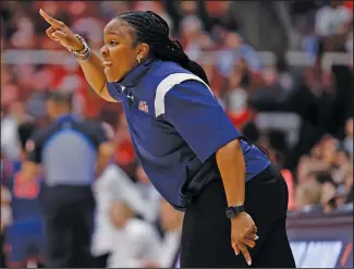  ?? Associated Press ?? On the sideline: Mississipp­i coach Yolett McPhee-McCuin gestures during the first half of the team's second-round college basketball game against Stanford in the women's NCAA Tournament Sunday in Stanford, Calif.