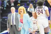  ?? ASSOCIATED PRESS ?? LSU head coach Kim Mulkey yells from the bench during Friday’s NCAA Tournament first-round game against Rice in Baton Rouge, La.