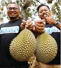  ??  ?? TERBATAS: Asmara Hadi (kiri) dan Samsul Arifin, penggiat durian, menunjukka­n durian dop asal Nganjuk.