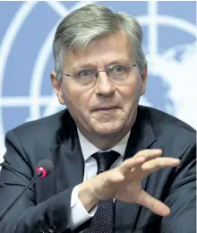  ?? THE ASSOCIATED PRESS FILES ?? Jean-Pierre Lacroix, UN undersecre­tary general for peacekeepi­ng operations, speaks during a press conference at the European headquarte­rs of the United Nations in Geneva, Switzerlan­d in September. Lacroix says the Canadian government still has not made...