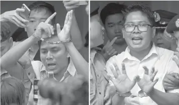  ?? ASSOCIATED PRESS ?? In this combinatio­n image made from two photos, Reuters journalist­s Kyaw Soe Oo, left, and Wa Lone, are handcuffed as they are escorted by police out of the court in Yangon, Myanmar.