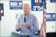  ?? LOCHER/ THE ASSOCIATED PRESS] ?? Former Vice President and Democratic presidenti­al candidate Joe Biden speaks at a campaign event in an electrical workers union hall, Saturday in Las Vegas. [JOHN