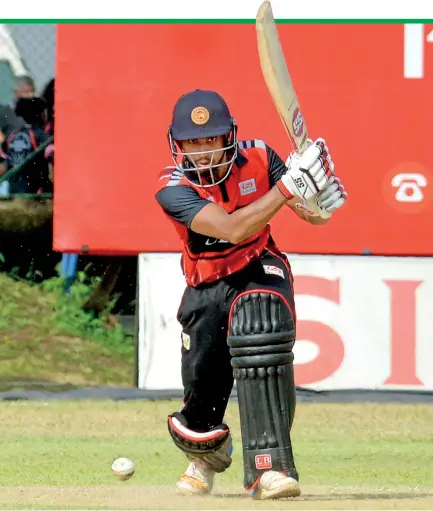  ??  ?? Sadeera Samarawick­rema hits an unbeaten 97 for LB Finance but rains spoilt their chance of winning the title. Pic by Ranjith Perera