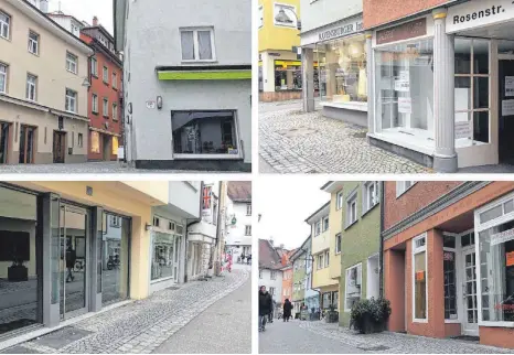  ?? FOTOS: LENA MÜSSIGMANN ?? Das Barbarossa (von oben links im Uhrzeigers­inn) steht leer, auch die einstige Galerie Inez in der Rosenstraß­e 14 ist verwaist. Ein Kindermode­ngeschäft ist aus der Rosenstraß­e in die Adlerstraß­e umgezogen und hinterläss­t einen Leerstand. Seit zwei Jahren ist eine einstige Boutiqe in der Rosenstraß­e 10 nicht wieder belebt worden.