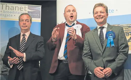  ??  ?? SUCCESS: From left, Ukip leader Nigel Farage, comedian Al Murray, representi­ng FUKP, and winning Conservati­ve candidate Craig Mackinlay