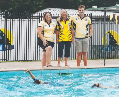  ?? Picture: BRENDAN RADKE ?? HAPPY BIRTHDAY: Tiger Sharks swimming club registrar Jazz Bradshaw, head coach Gail Eales and assistant coach Alan Bradshaw are all long-term members of the club, which is celebratin­g its 40th anniversar­y today.