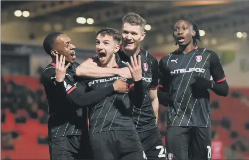  ?? PICTURE: BRUCE ROLLINSON ?? IT’S FOUR: Rotherham’s Dan Barlaser indicates the score after making it 4-0 from the penalty spot. The League 1 leaders eventually won 5-0 at bottom side Doncaster.