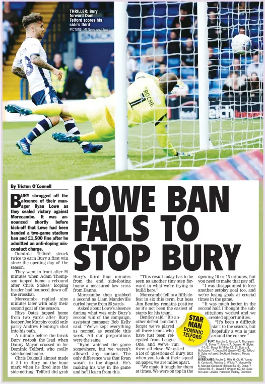  ?? PICTURE: MI News and Sport ?? THRILLER: Bury forward Dom Telford scores his side’s third
