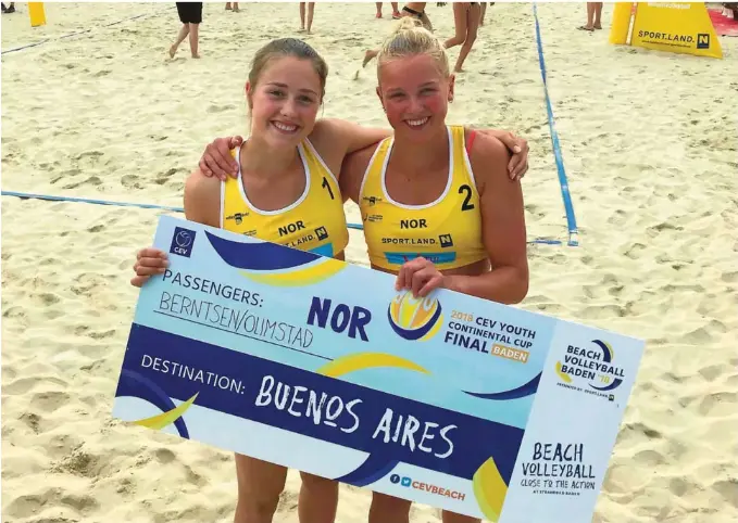  ?? FOTO: PRIVAT ?? KLARE: Frida Berntsen og Emilie Olimstad, her med bekreftels­en på at de skal spille for Norges aere i sandvolley­ball i ungdoms-OL. De gleder seg veldig til start.